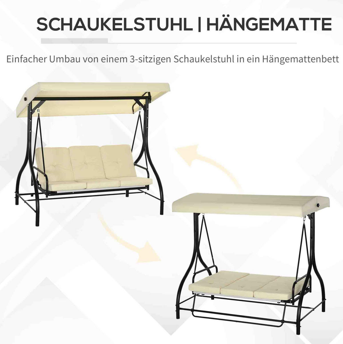 HOLLYWOODSCHAUKEL 195/117/175 cm mit Liegefunktion, verstellbarem Sonnendach und Stahlgestell, Beige - Beige, Metall (117/175/195cm) - Redom