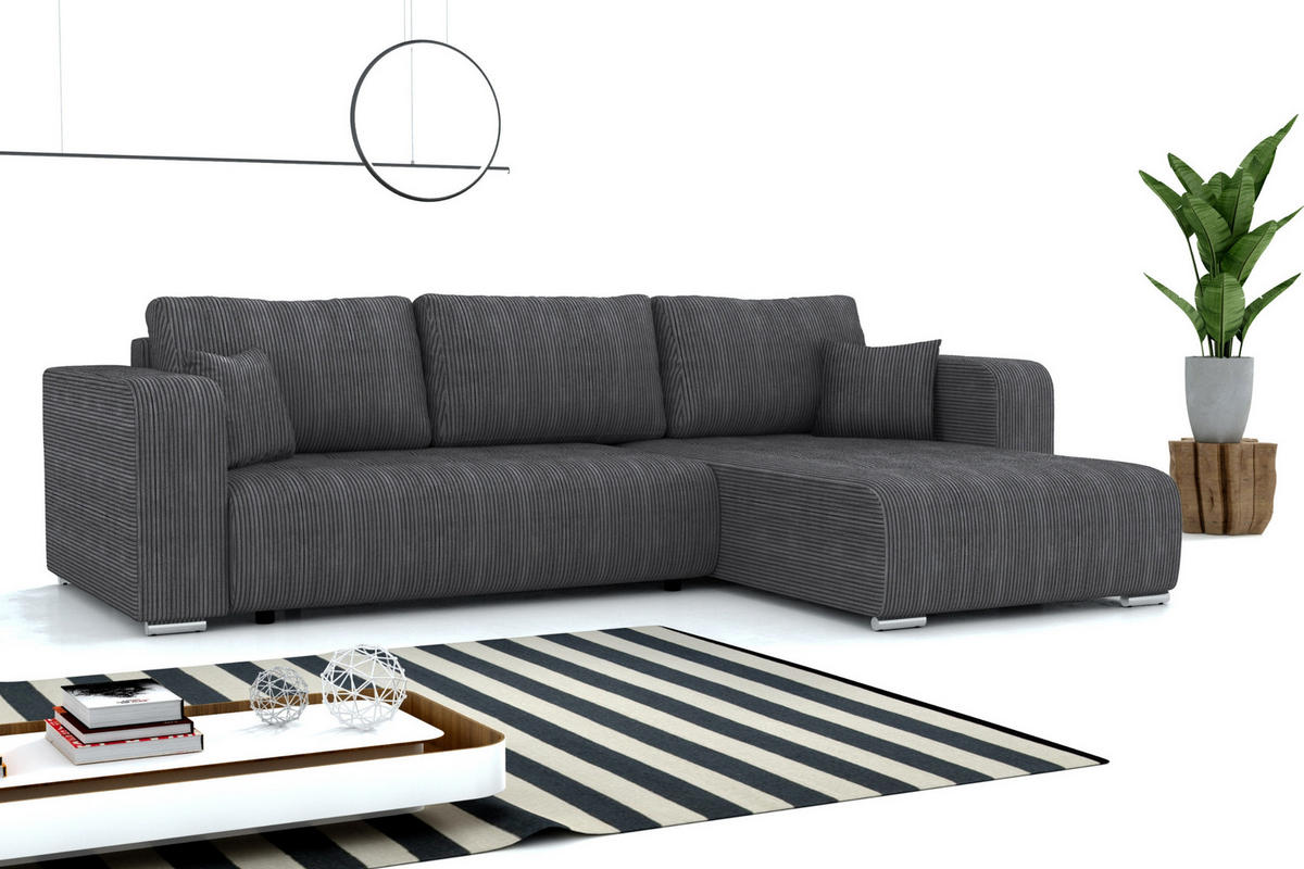 ECKSOFA CARACAS 288/185 in Cord Anthrazit mit Schlaffunktion rechts - Anthrazit, Holz/Holzwerkstoff (288/185cm) - Deine Möbel 24