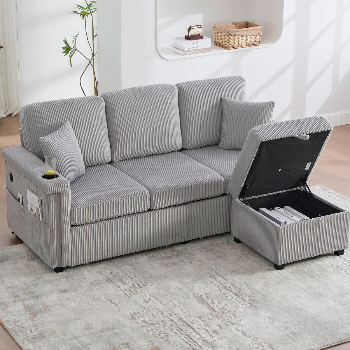 MODULARES Sofa Corduroy mit LED und USB-Anschluss Stauraum und Taschen 194/73/81 cm Hellgrau - Hellgrau, Textil (73/194cm) - Redom