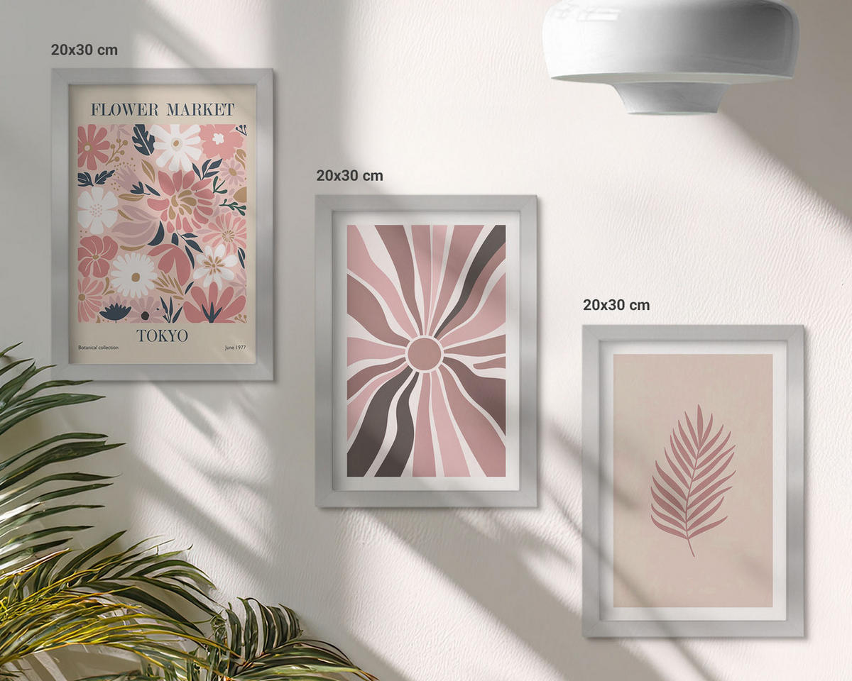 BILDER SET 3er Set - 20x30 cm Silberner Rahmen - Florale Blattmuster und Geometrie - Silberfarben, Kunststoff (20/30cm) - TULUP