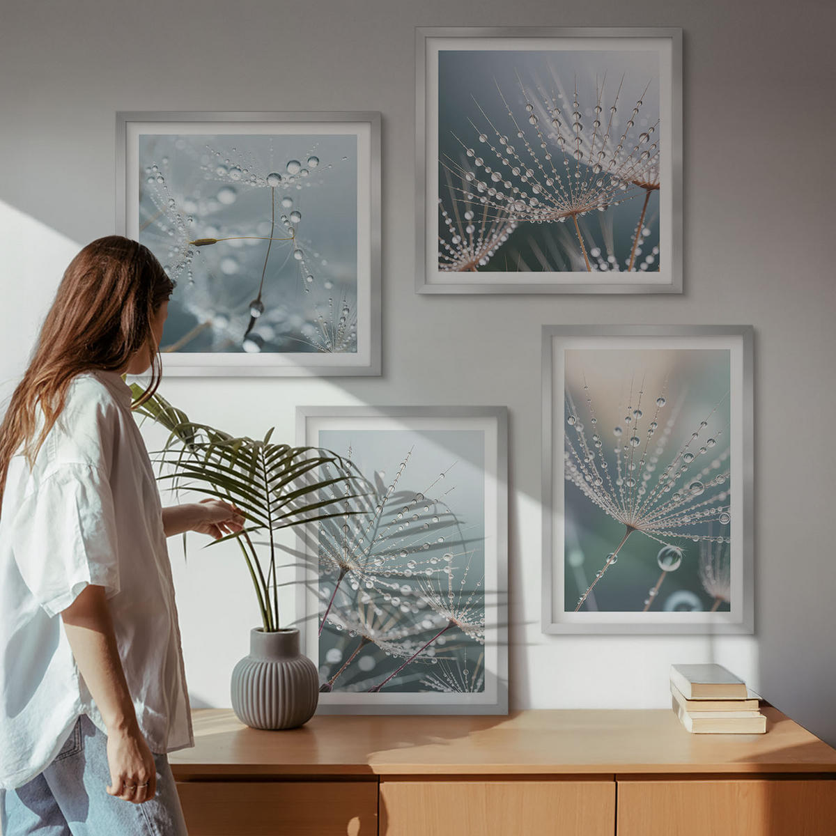 BILDER SET 4er Set - 50x50 cm & 40x60 cm Silberner Rahmen - Wassertropfen auf Löwenzahnsprossen - Silberfarben, Kunststoff (50/50cm) - TULUP