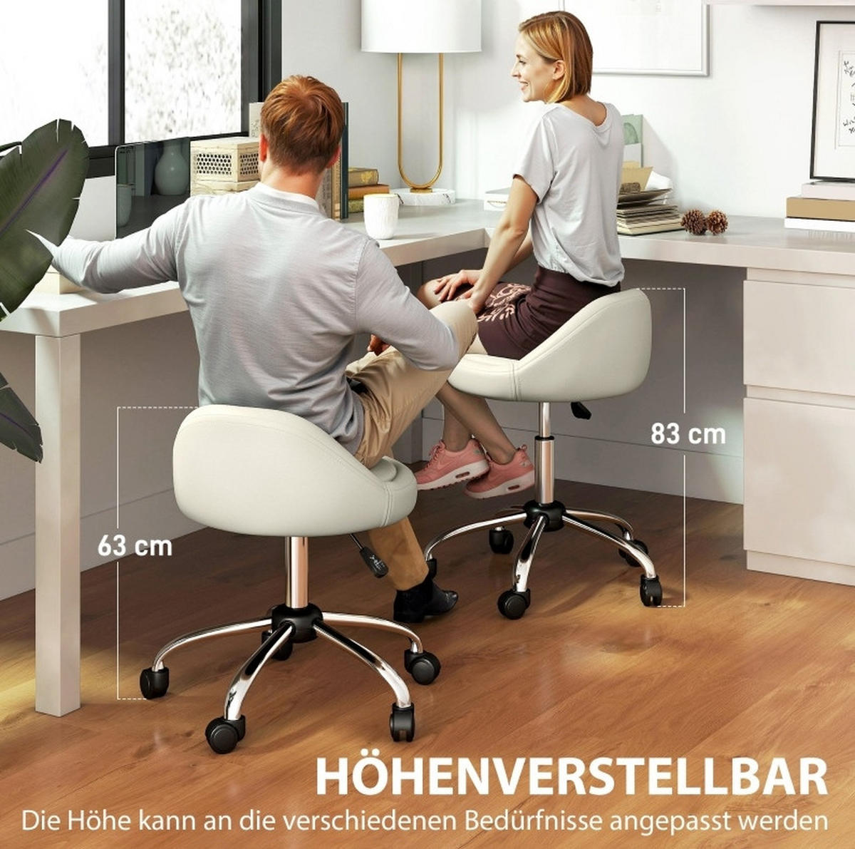 ROLLHOCKER höhenverstellbar Ø 50 x 63-83 cm Kunstleder White - Weiß, Metall (35/83/35cm) - Meubliv