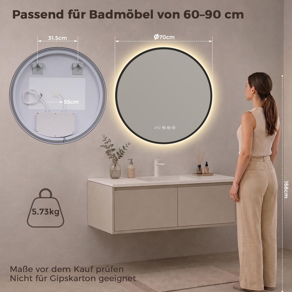 BADSPIEGEL mit Beleuchtung 70 cm rund schwarz mit Aluminiumrahmen, LED dimmbar und Antibeschlag - Schwarz, Glas (70/70/3.3cm) - S'AFIELINA