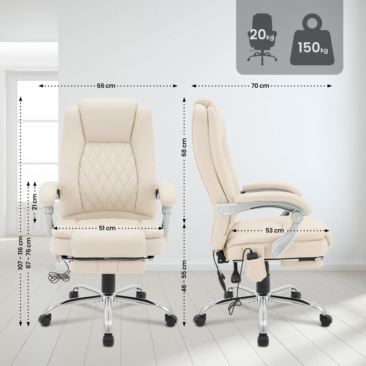 CHEFSESSEL Lederlook Creme - Chromfarben/Creme, Textil/Metall (67/110/70cm) - CLP