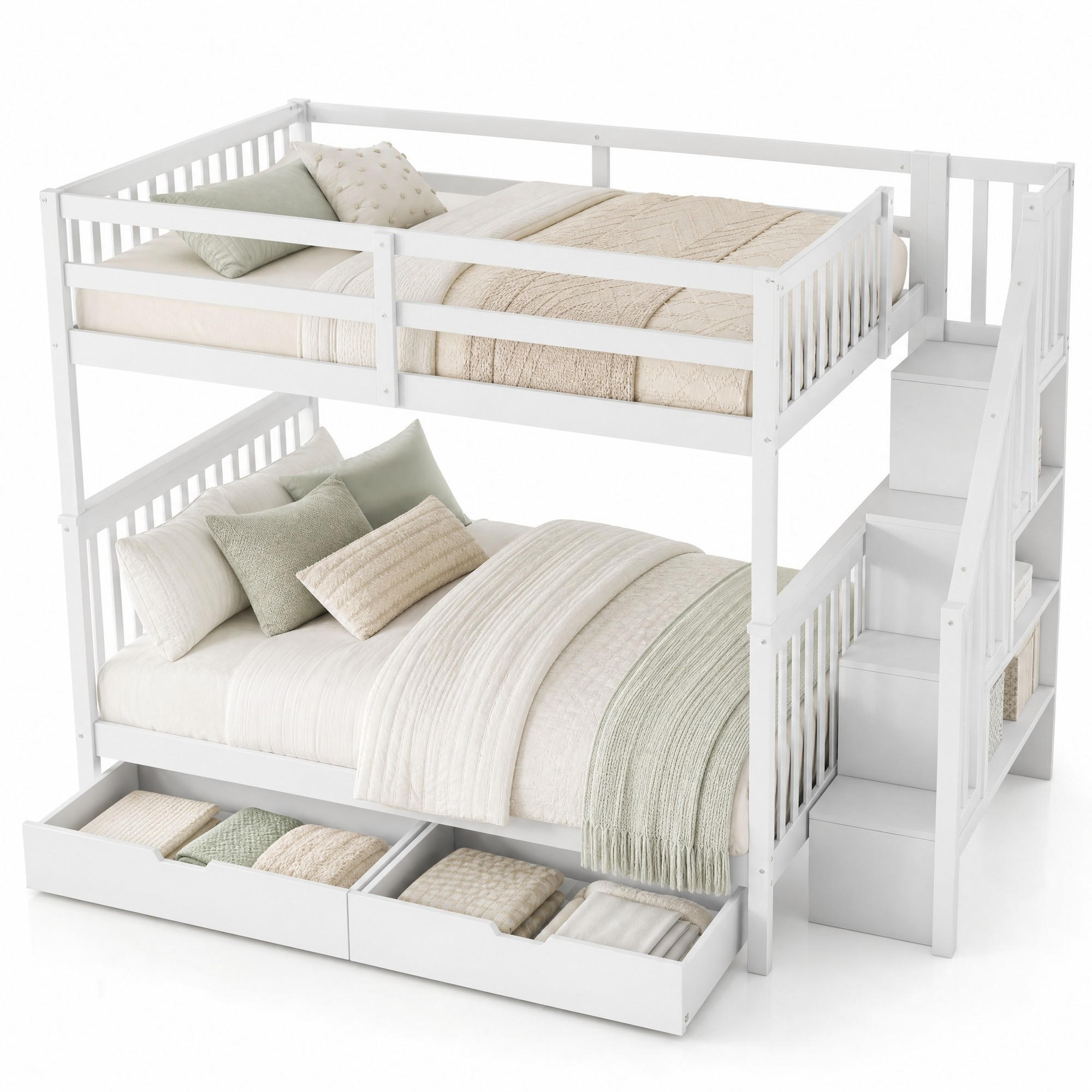 ETAGENBETT 140/200 cm aus Kiefernholz mit Treppenregal, Weiß - Weiß, Holz (140/200cm) - OKMYHOME