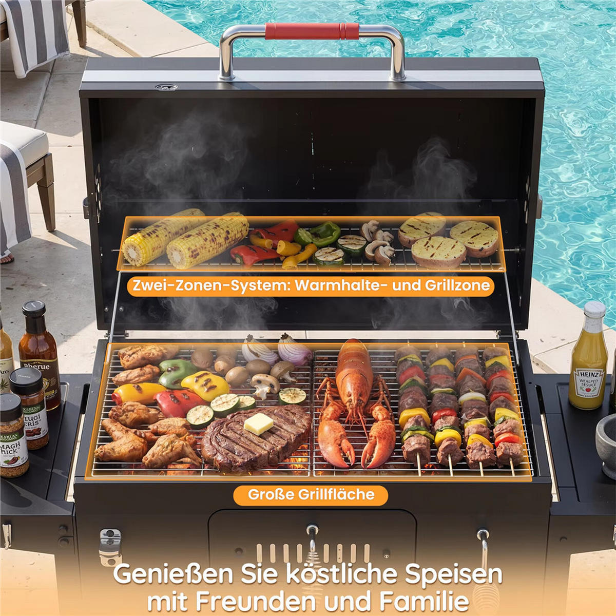 HOLZKOHLEGRILL Gartengrillwagen mit Thermometer - Schwarz, Metall (76/87/45.5cm) - Kaket