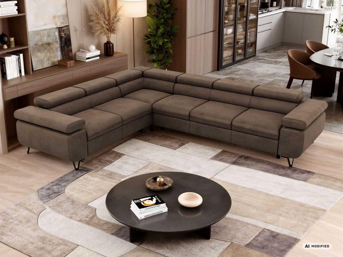 ECKSOFA NORDEN L - Braun Velvet - Rechts Seite - Dunkelbraun/Schwarz, Textil/Metall (329/269cm) - MKS