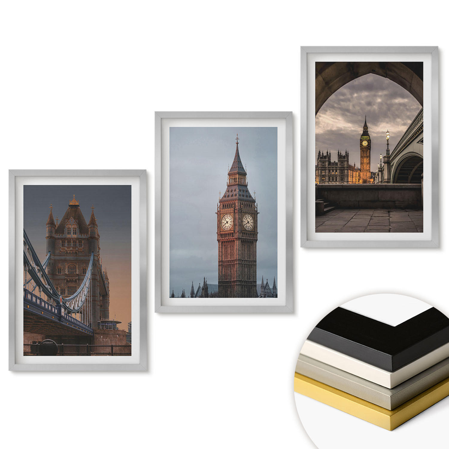 WANDBILDER 3er Set - 40x60 cm Silberner Rahmen - London Bridge Big Ben Uhr - Silberfarben, Kunststoff (40/60cm) - ArtPrintCave