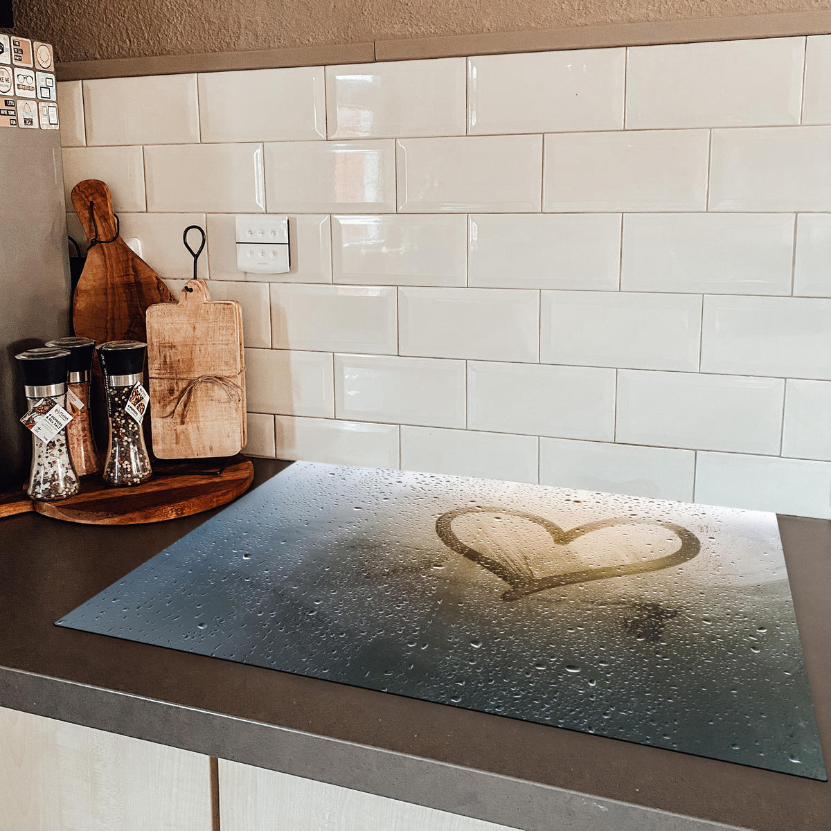 HERDABDECKPLATTE Herz - Kondenswasser - Wasser - 3D Herdabdeckung Induktionsfeld 75x52 cm - Grau, Kunststoff (75/52/0.2cm) - MuchoWow