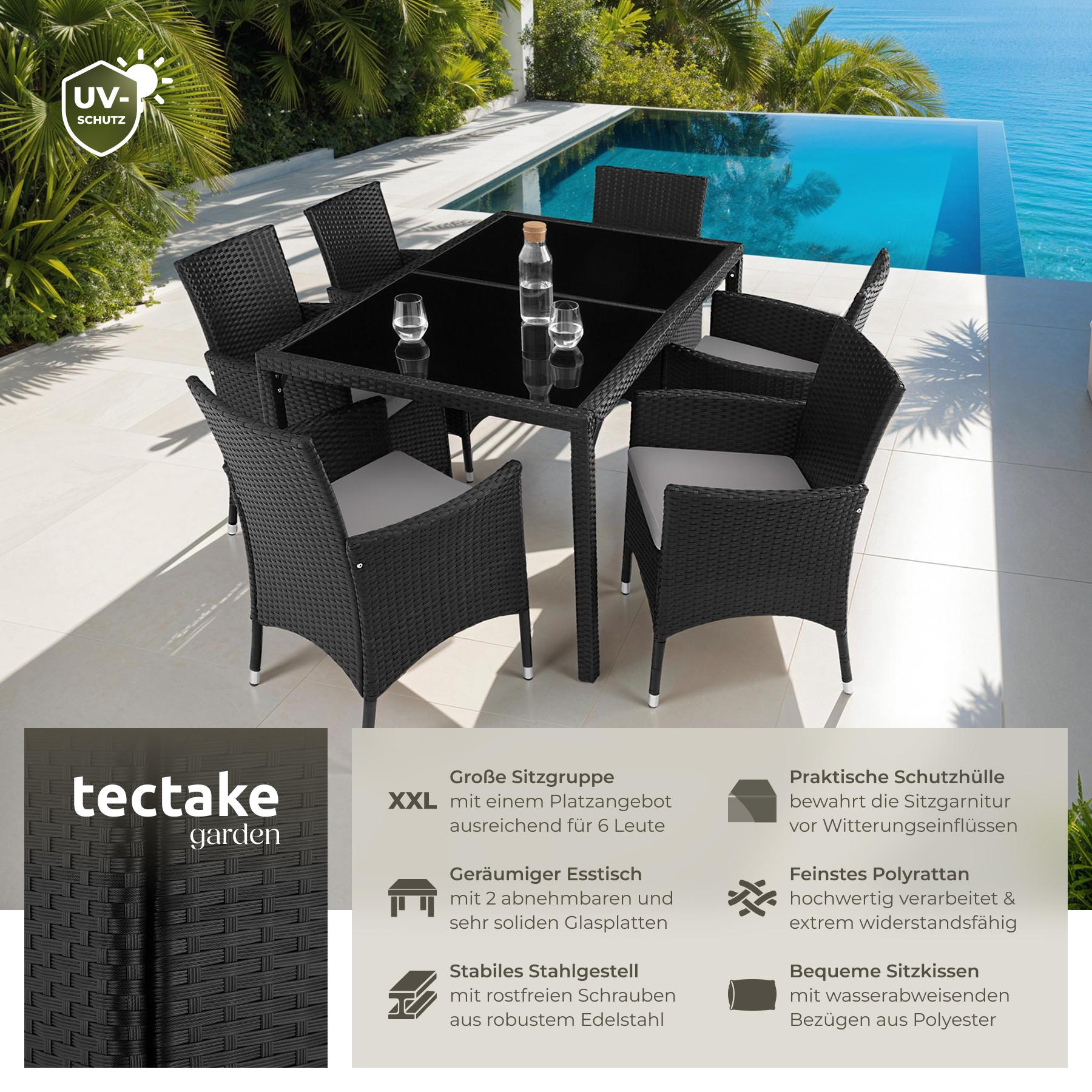 RATTAN SITZGRUPPE Porto,inklusive Schutzhülle,schwarz/grau - Schwarz/Grau, Kunststoff - tectake