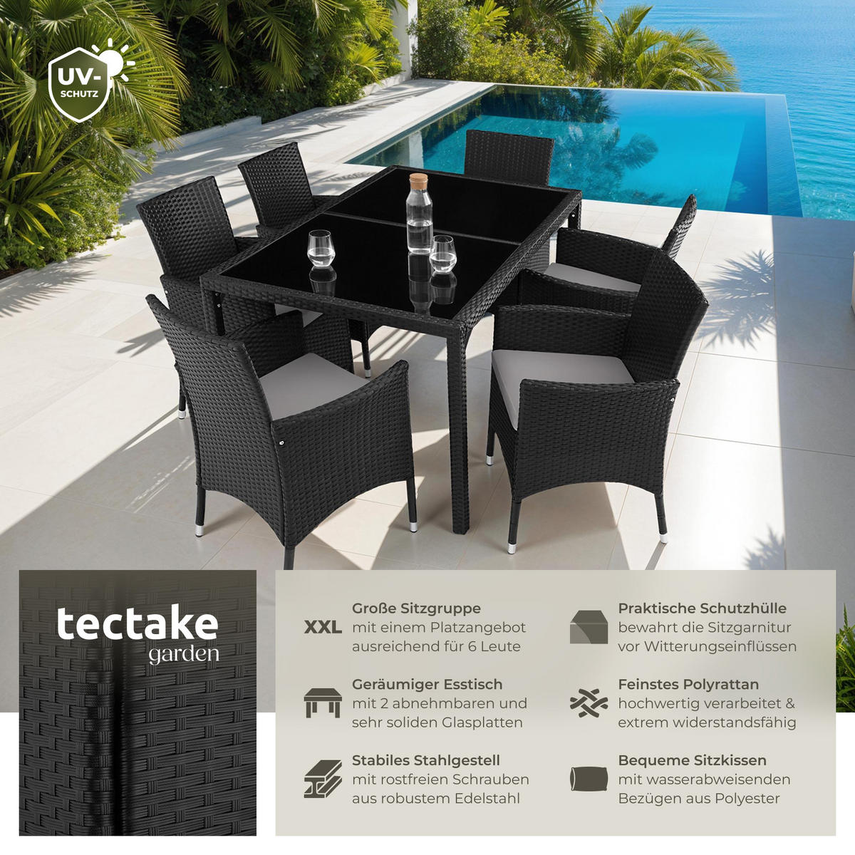 RATTAN SITZGRUPPE Porto,inklusive Schutzhülle,schwarz/grau - Schwarz/Grau, Kunststoff - tectake