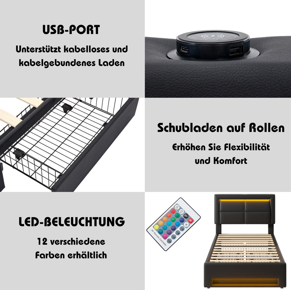 POLSTERBETT 90/200 cm mit USB-Anschluss, LED-Beleuchtung und 4 Schubladen in PU, Schwarz - Schwarz, Kunststoff (90/200cm) - Redom