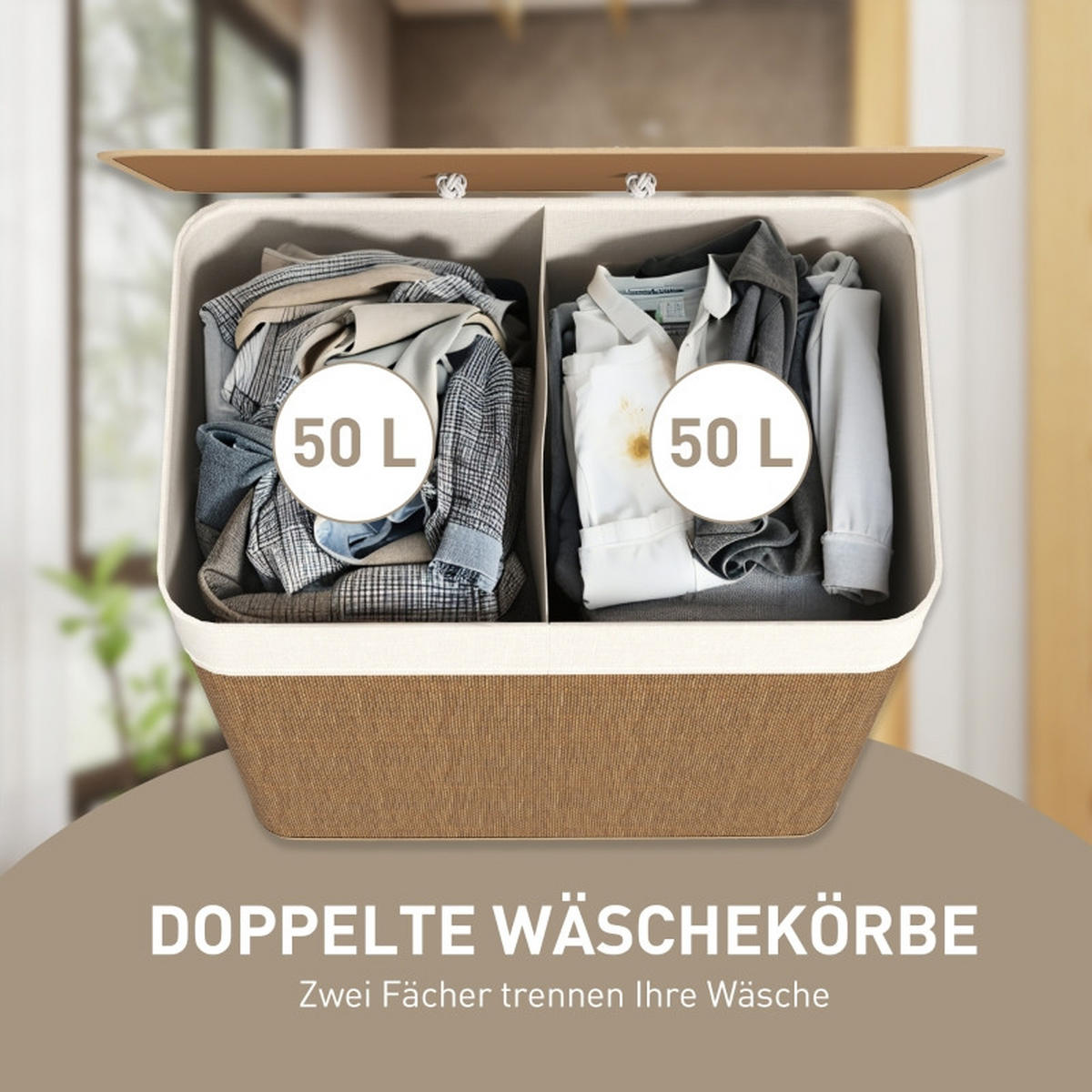 WÄSCHEKORB Bambus 100 L mit Deckel – Wäschesammler mit Seilgriffen & herausnehmbarem Sack, für Bad, Schlafzimmer & Waschküche, Braun - Braun, Holz (32/63/52cm) - Ej. Life