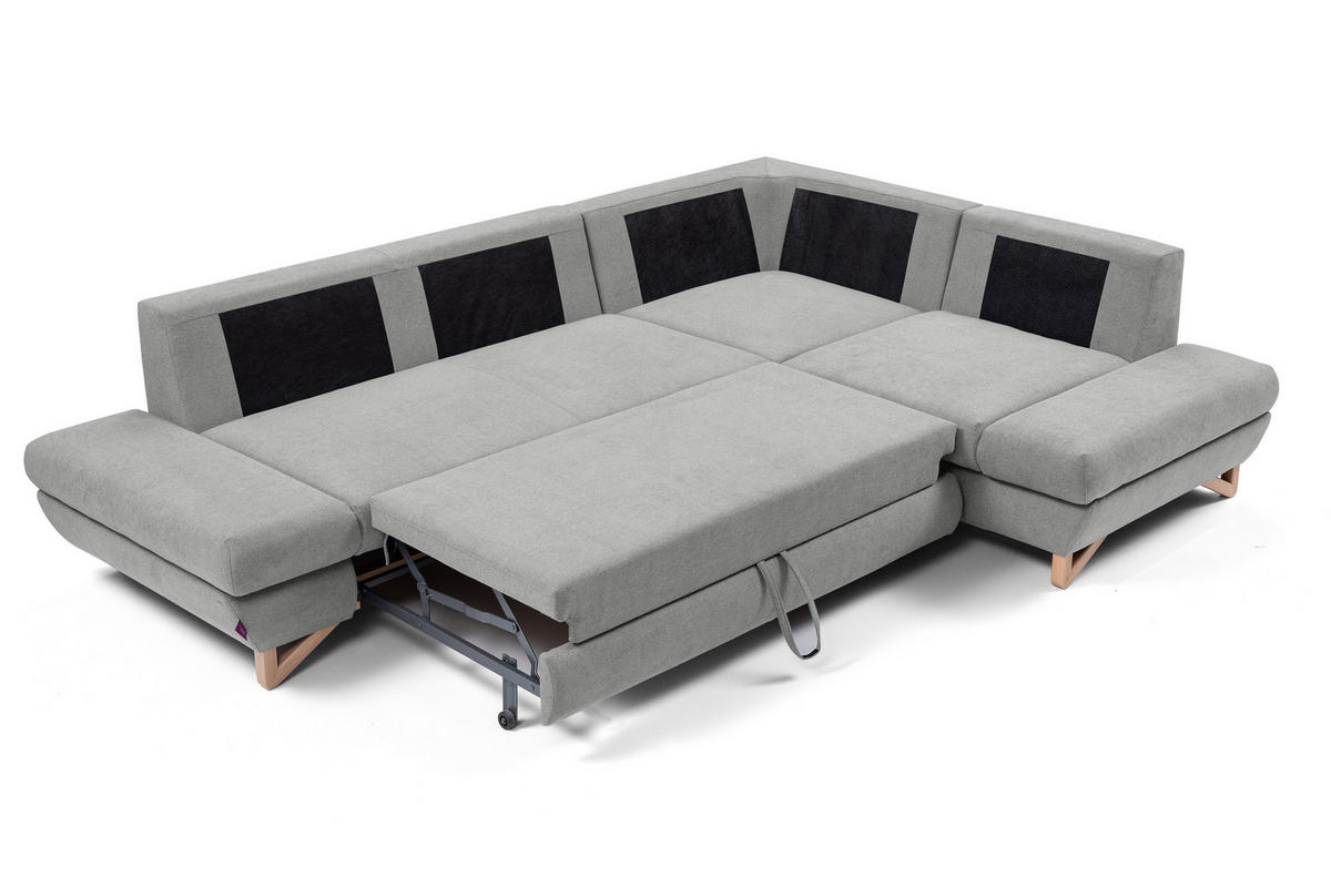 ECKSOFA CASA II R-S Grau Plüsch-Stoff mit Schlaffunktion - Grau, Holz (272/199cm) - MASSENO