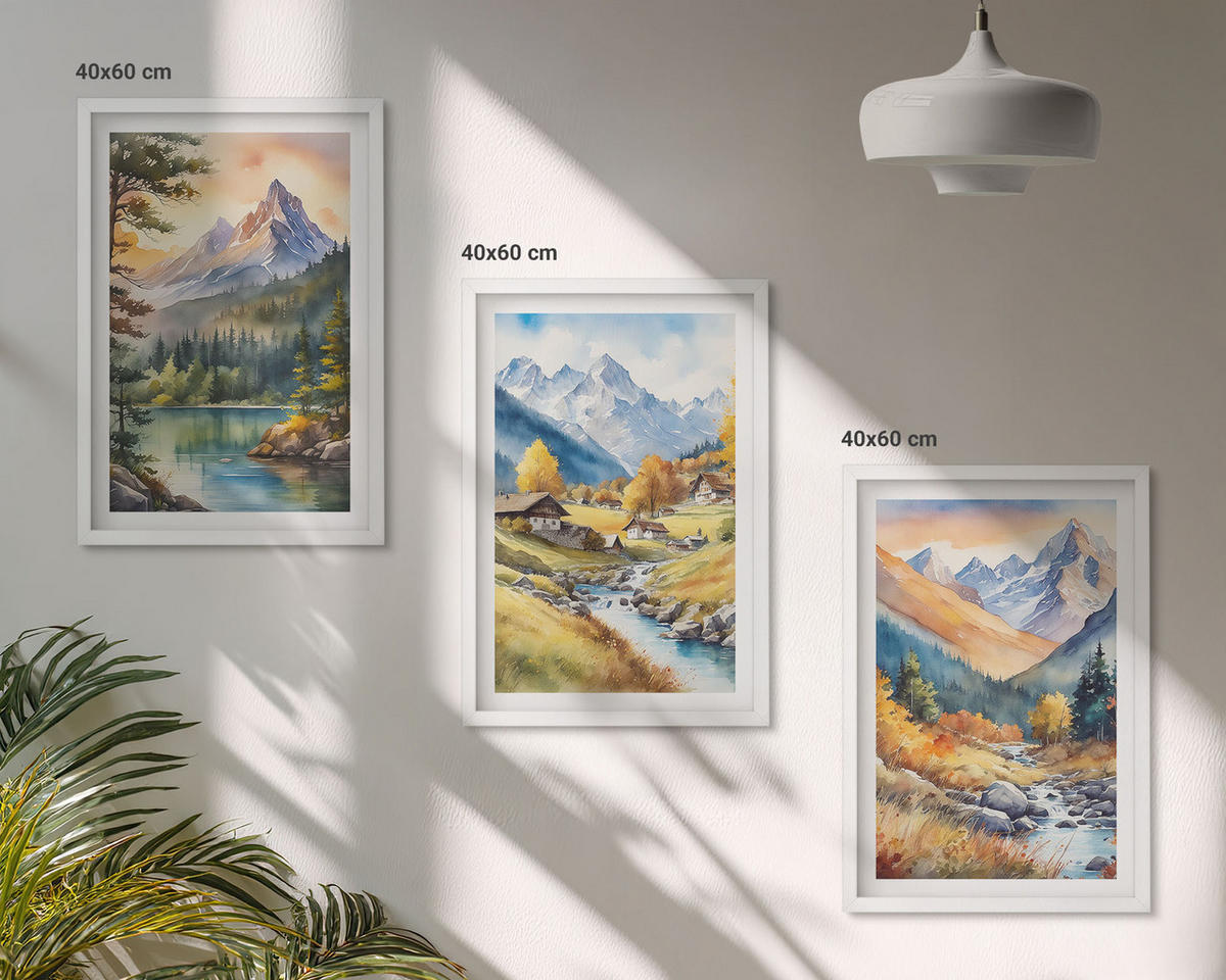 WANDBILDER 3er-Set - 40x60 cm Weißer Rahmen - Berglandschaft mit einem Fluss - Weiß, Kunststoff (40/60cm) - ArtPrintCave