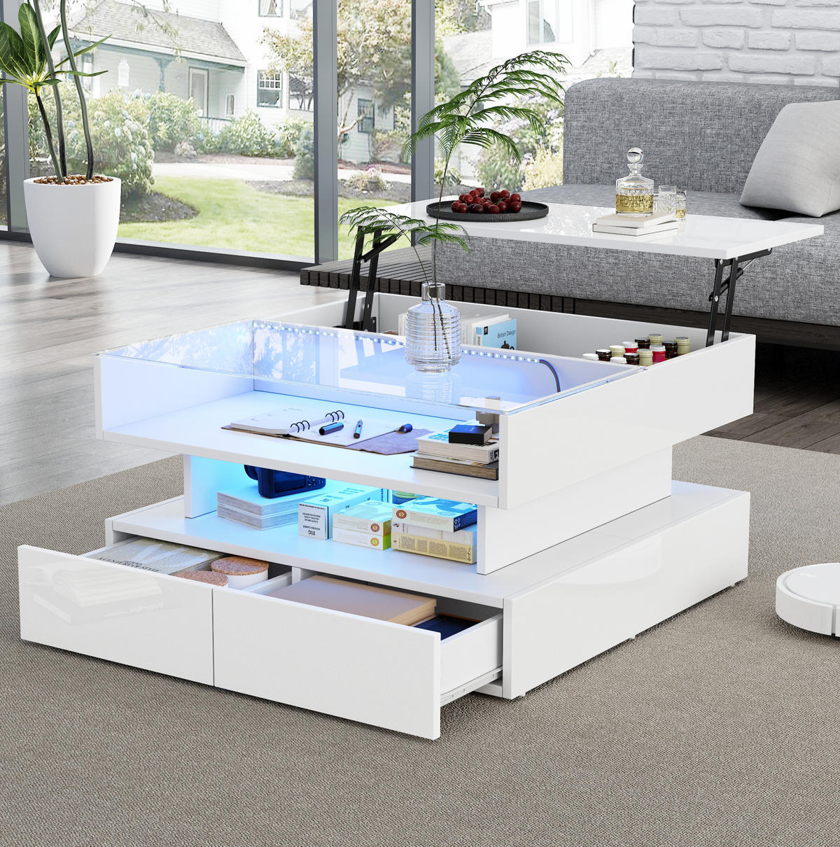 COUCHTISCH 80/80/45 cm mit LED-Beleuchtung und höhenverstellbarer Platte - Weiß, Holzwerkstoff (80/80/45cm) - Flora Grace