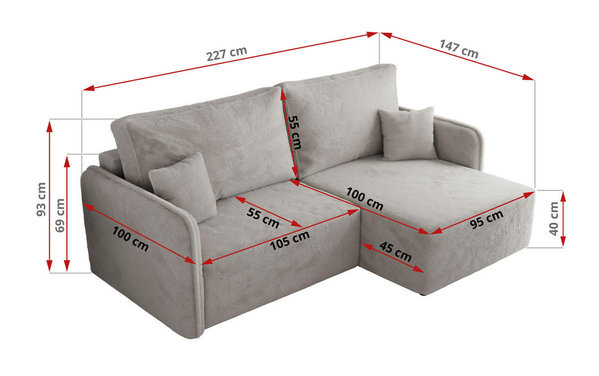 ECKSCHLAFSOFA MESTO L Hellgrau Plüsch - links - Hellgrau/Schwarz, Kunststoff/Textil (227/147cm) - MKS