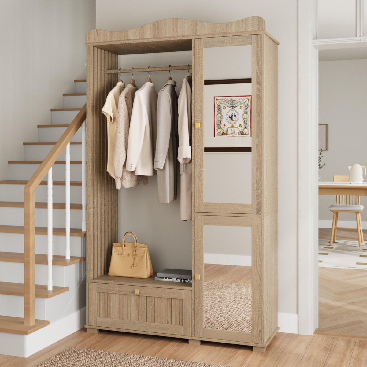 GARDEROBENSCHRANK Spiegel Kleiderstange Schublade - Eichefarben, Holz (115.5/194.5/38.5cm) - Fortuna Lai