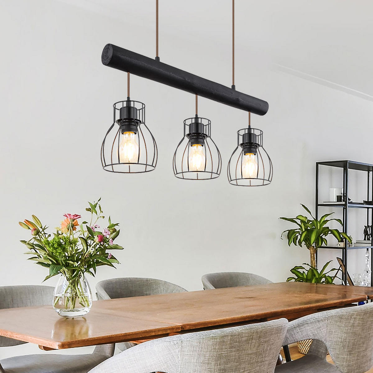 LED HÄNGELEUCHTE Holz Schwarz Metallgitter - Schwarz, Holz (60/13.6/140cm) - Globo Lighting