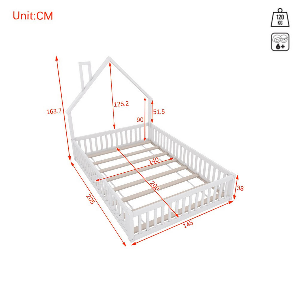 HAUSEBETT 140 x 200 cm mit Lattenrost in Weiß - Weiß, Holz (140/200cm) - KOMHTOM