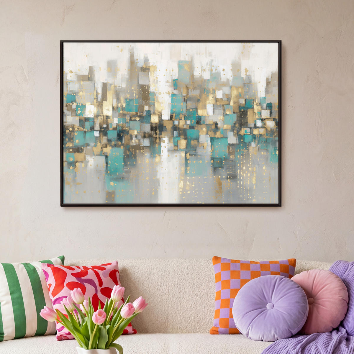 LEINWAND Bilder mit Rahmen - Abstrakt - Blöcke - Gold - Skyline - 100x70 - Beige, Textil (100/70cm) - MuchoWow