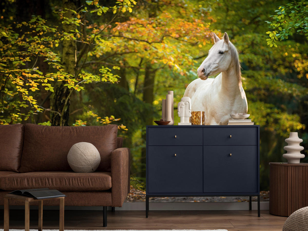 FOTOTAPETE für Schlafzimmer Weißes Pferd Wald Bäume Blätter 250x175 - Gelb/Beige, Papier (250/175cm) - Muralo