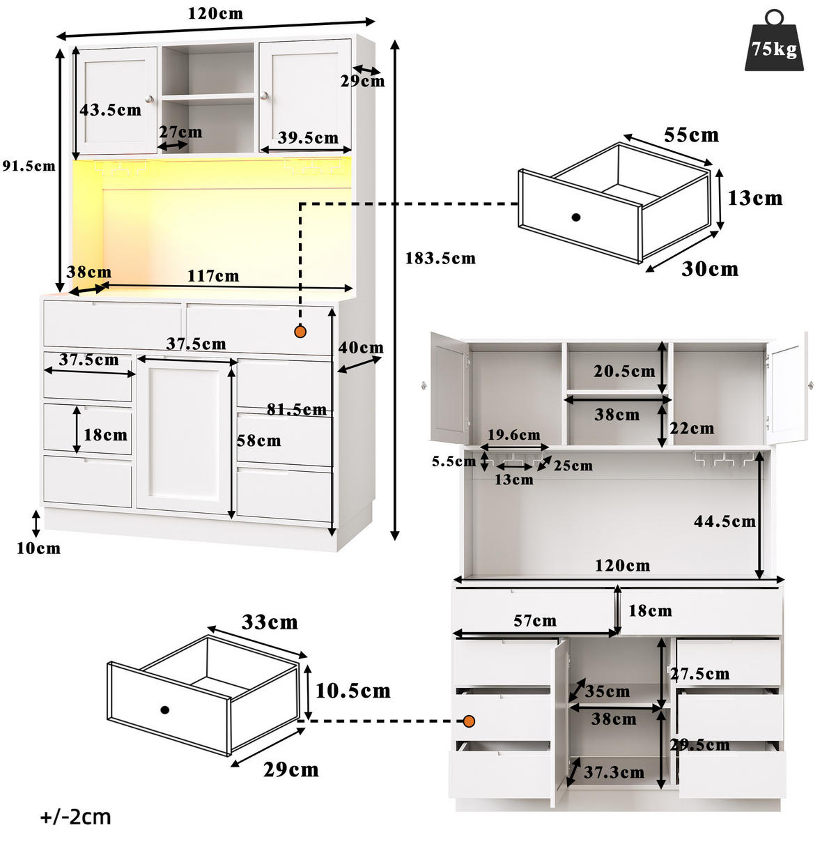 BUFFET 120/40/183,5 cm weiß aus MDF mit LED-Beleuchtung - Weiß, Holzwerkstoff (120/183.5/40cm) - OKWISH