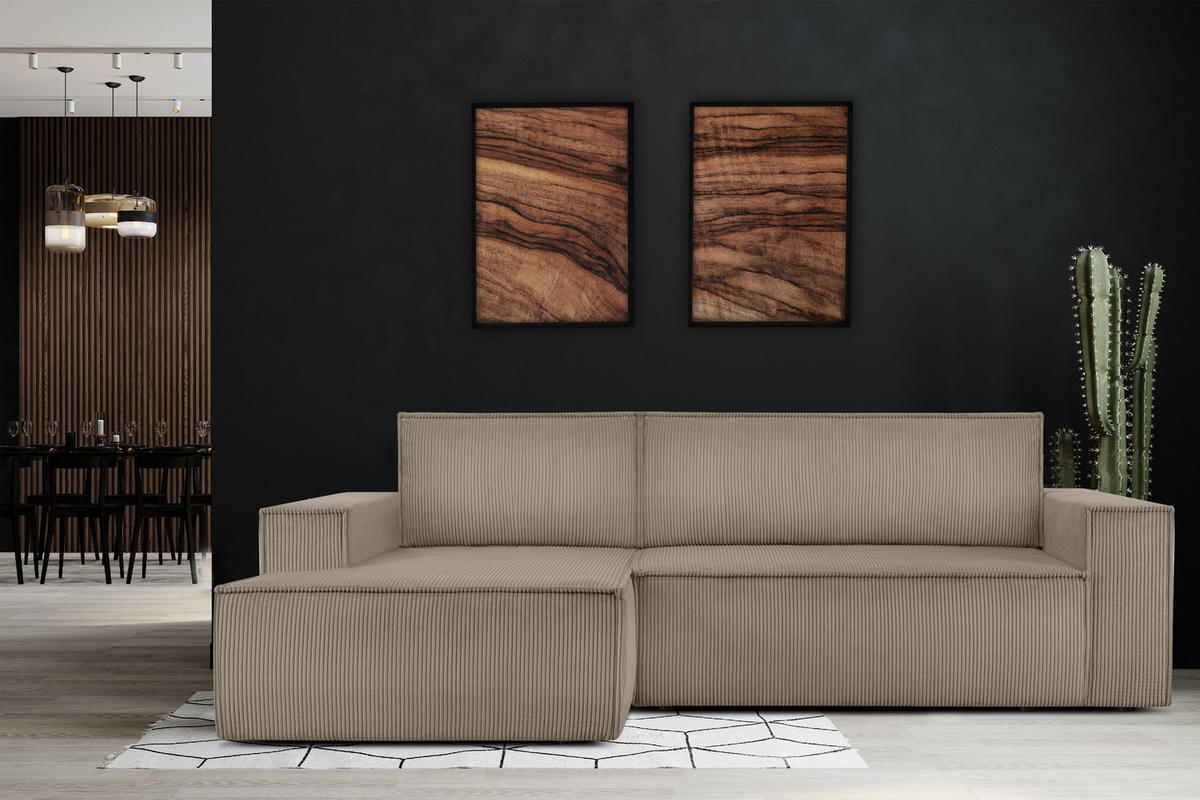 ECKSCHLAFSOFA-LINKS NAPI in Pet Friendly Cord-Stoff, beige - Beige/Schwarz, Textil (262/148cm) - KONSIMO®