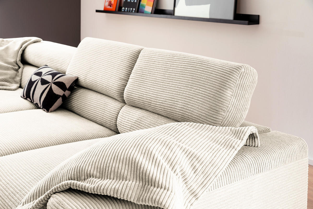 ECKSOFA DELIA Cremeweiß Cord - Creme/Schwarz, Textil/Metall (312/219cm) - KAWOLA