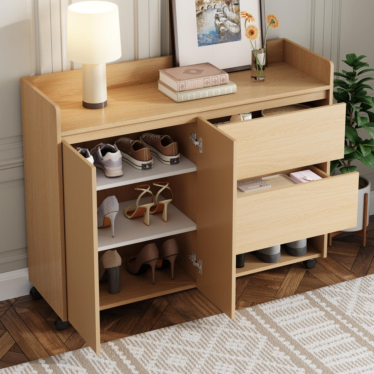 SCHUHSCHRANK mobil mit verstellbaren Regalen, Schuhkipper für Flur und Diele - Naturfarben, Holz (110/86/35cm) - PARAFTA HOME