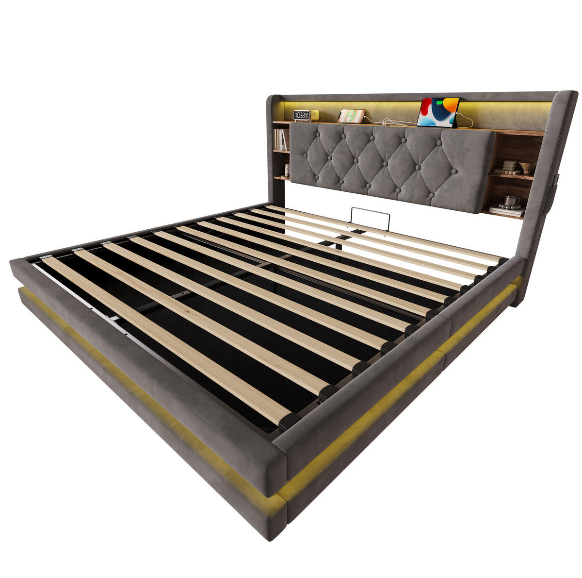 POLSTERBETT aus Samt 160x200 cm Dunkelgrau mit LED-Beleuchtung, USB-C, Bettkasten und Lattenrost - Dunkelgrau, Textil (160/200cm) - Modfu