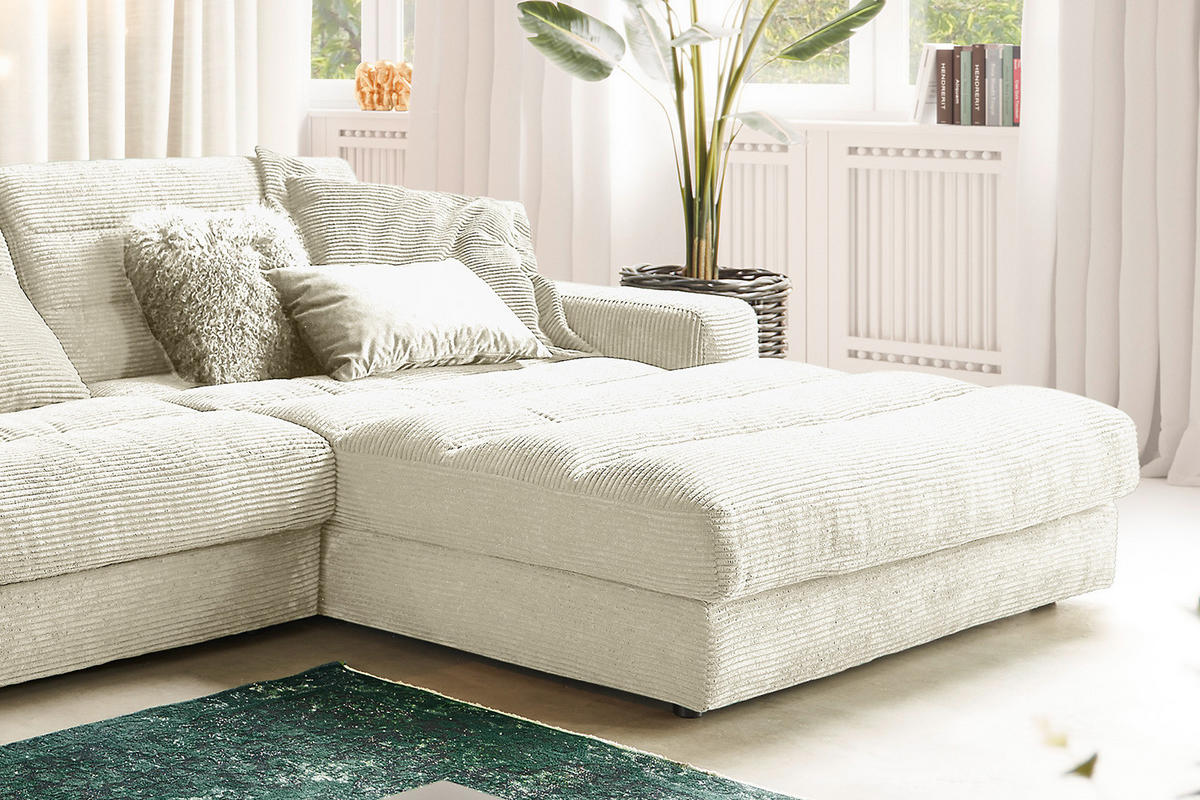 ECKSOFA XL LANA Cremeweiß Cord - Creme/Schwarz, Textil (416/205cm) - KAWOLA