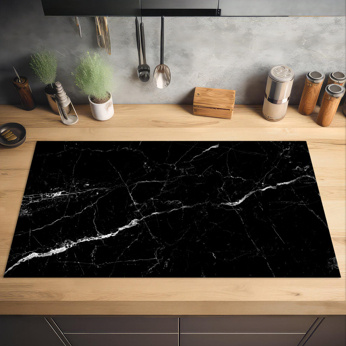 HERDABDECKPLATTE Marmoroptik - Schwarz - Luxus 91x52 cm - Grau, Kunststoff (91.6/0.2/52.7cm) - MuchoWow