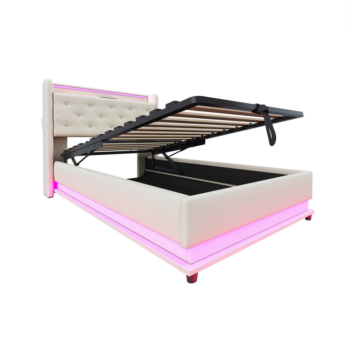 KINDERBETT 90/200 cm in Beige mit LED, USB und hydraulischem Stauraum - Beige, Textil (90/200cm) - BEAOK