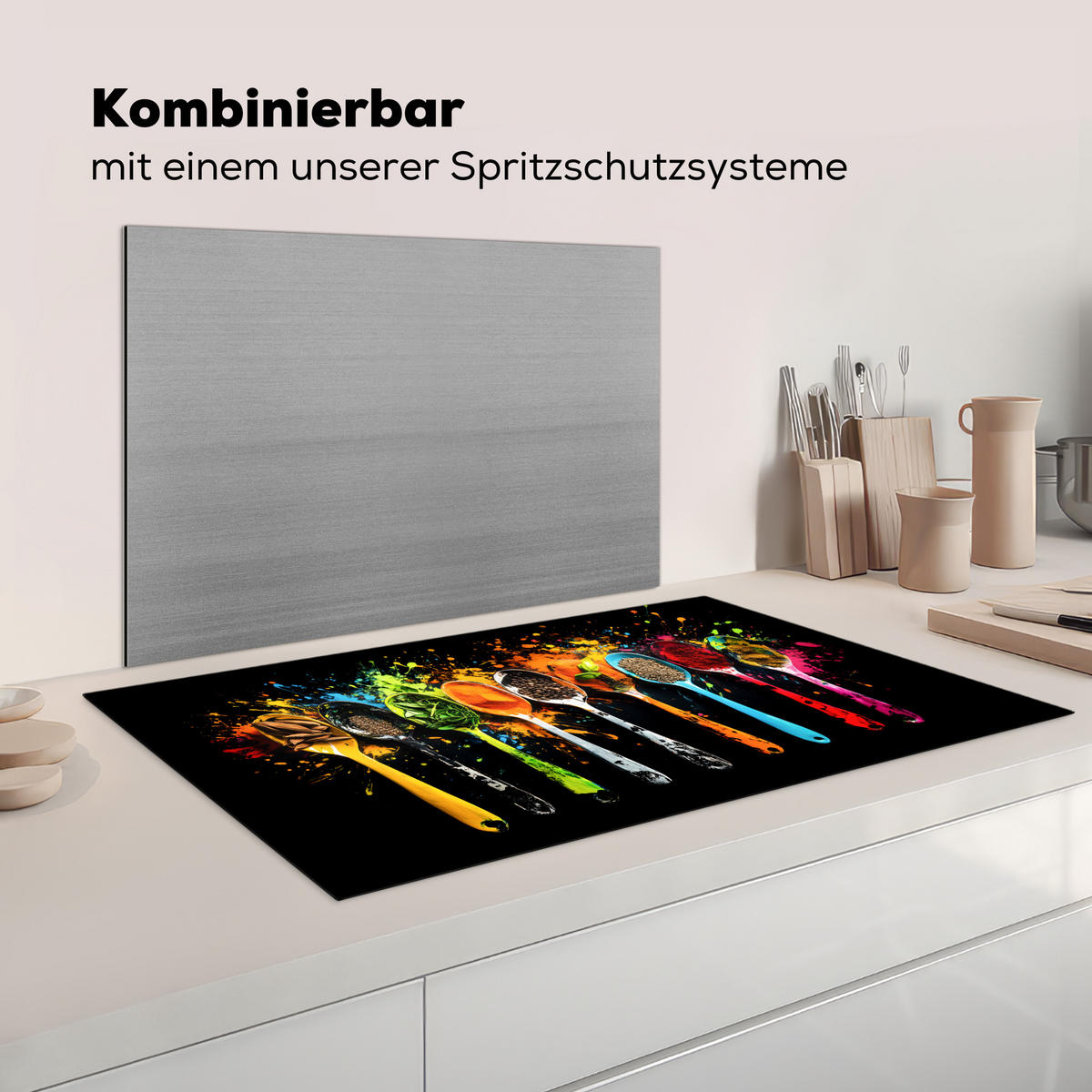 KRYT NA INDUKČNÍ DESKU Lžičky - koření - moderní - graffiti - barva - barevné 89.6x51.6 cm - různobarevná, plast (89.6/51.6/0.2cm) - MuchoWow