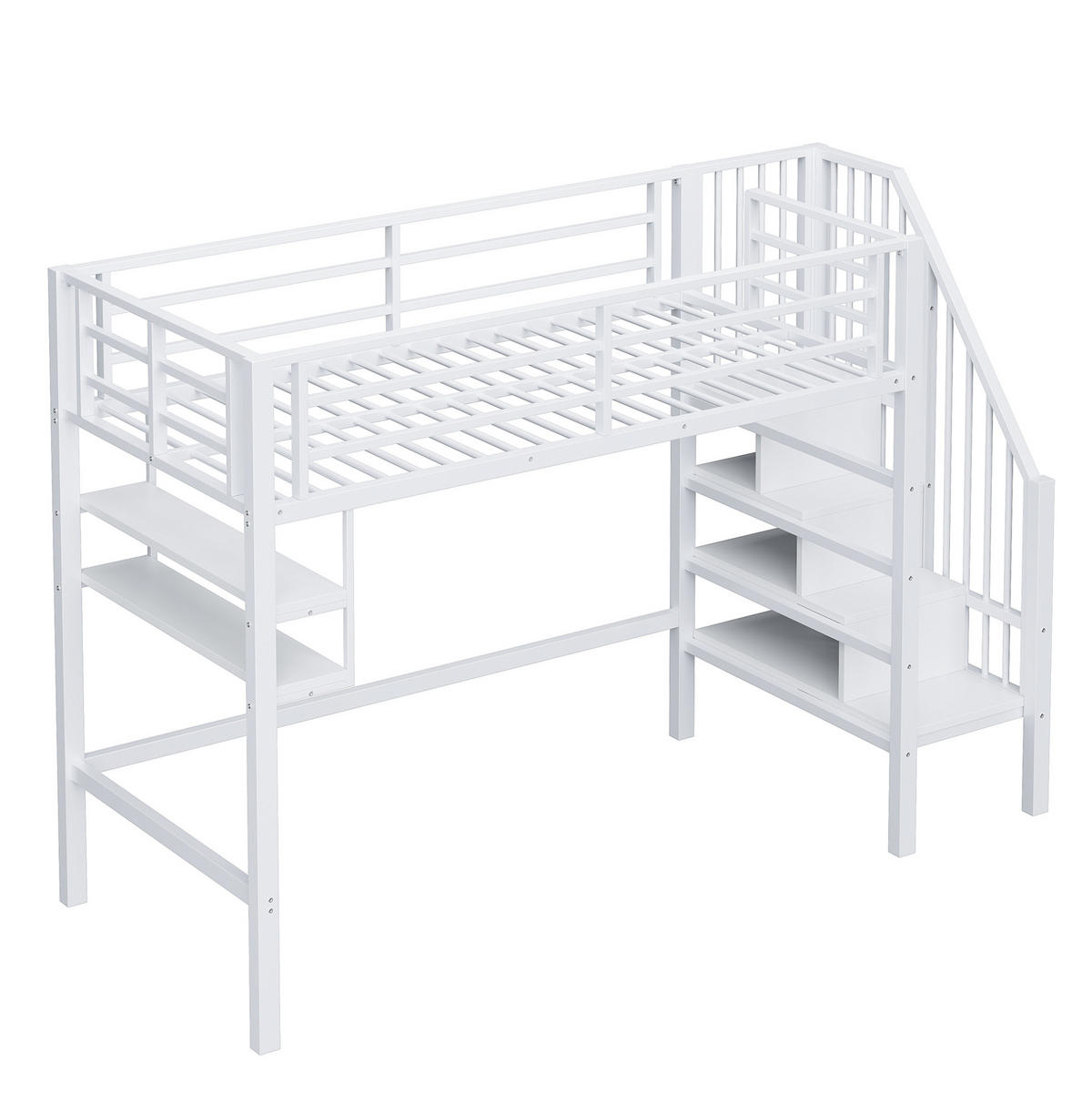 HOCHBETT aus Metall 90x200 cm in Weiß mit Stauraumleiter & Regalen - Weiß, Metall (90/200cm) - Modfu