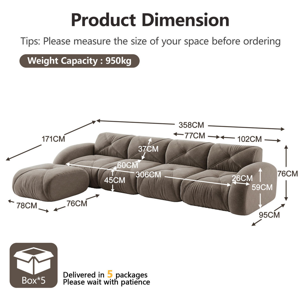 SOFA modular Chenille Brown 4-Sitzer mit Hocker - Braun, Kunststoff (171/358cm) - Meubliv