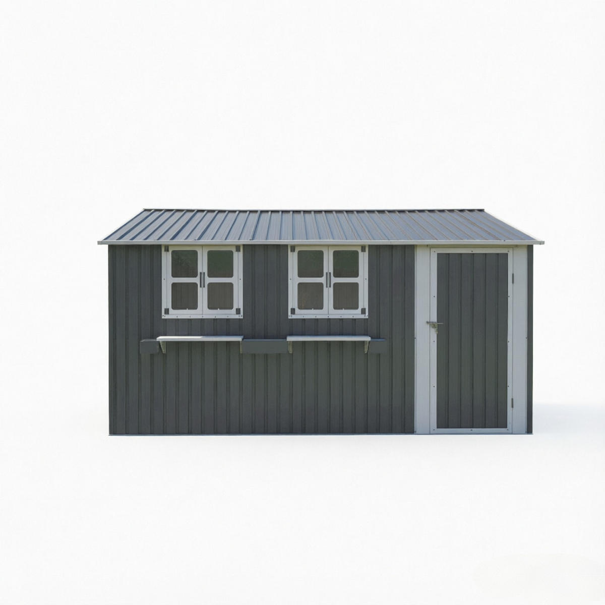 GERÄTEHAUS 359.4/284.2/206.9 cm Grau mit 3 öffenbaren Fenstern, abschließbaren Doppeltüren und Blumenregal (10,21 m²) - Grau, Metall (303.8/204.9/370.8cm) - Oxeza