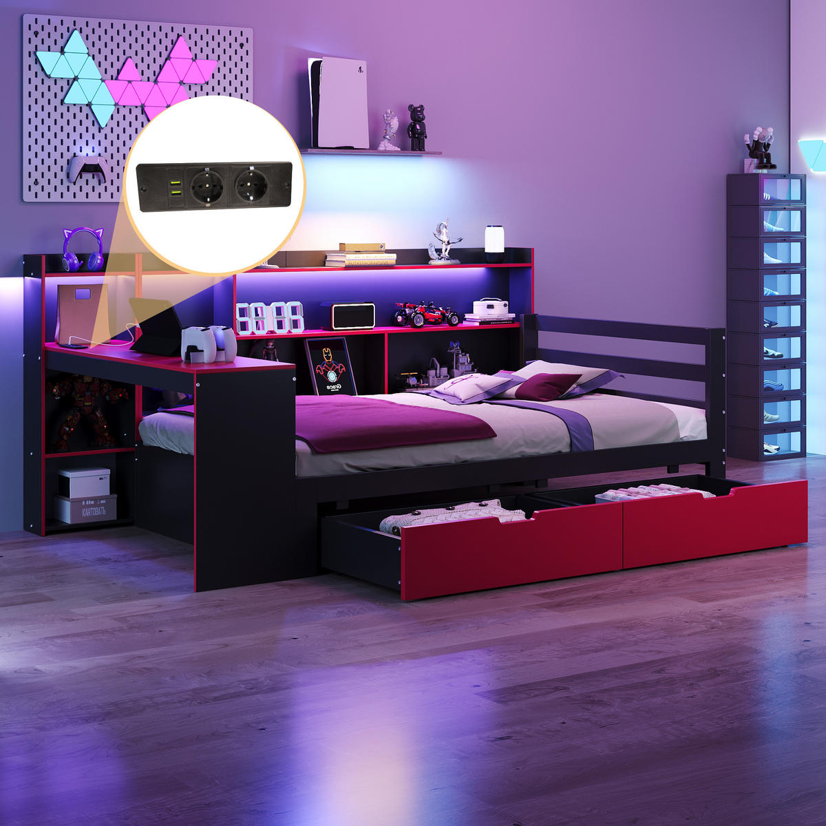 SCHLAFSOFA 90/200 cm in Schwarz & Rot mit 2 Schubladen, LED und USB - Rot/Schwarz, Holz/Holzwerkstoff (90/200cm) - WISHDOR