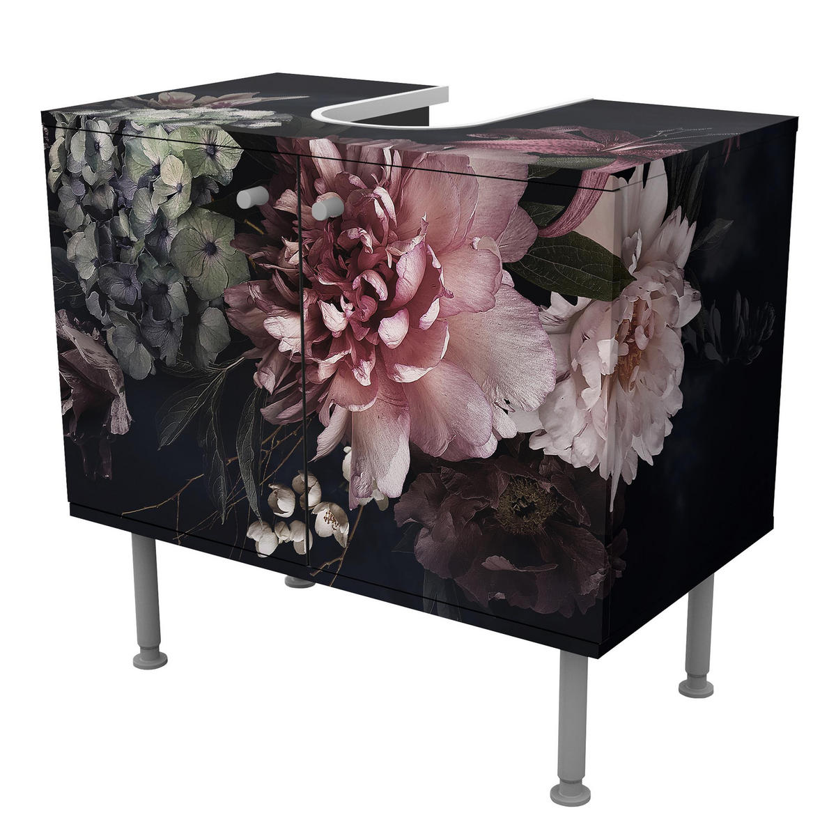WASCHBECKENUNTERSCHRANK Blumen mit Nebel auf Schwarz 60/55/35 cm - Schwarz, Holzwerkstoff (60/55/35cm) - Bilderwelten