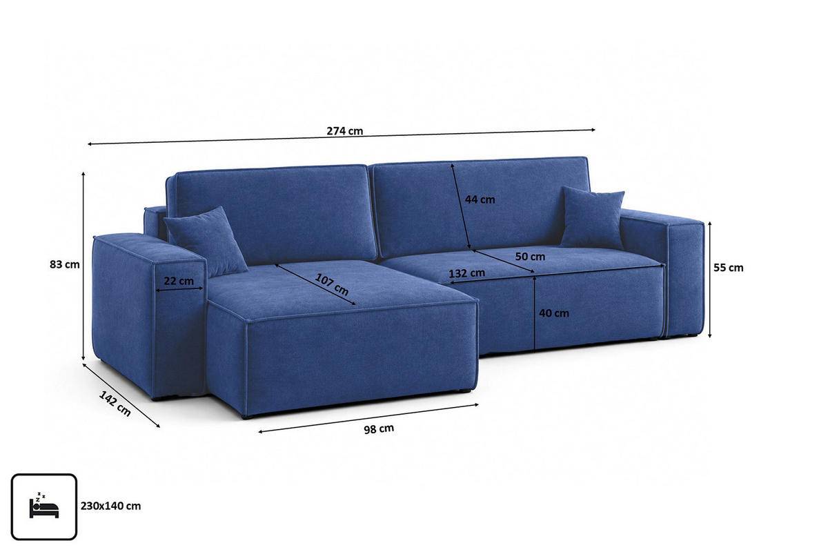 ECKSOFA L-Form Mit Schlaffunktion Und Bettkasten, Veloursstoff Bluvel, Tintenblau, Links, BEST XL - Blau, Holz (274/142cm) - Kaiser Möbel