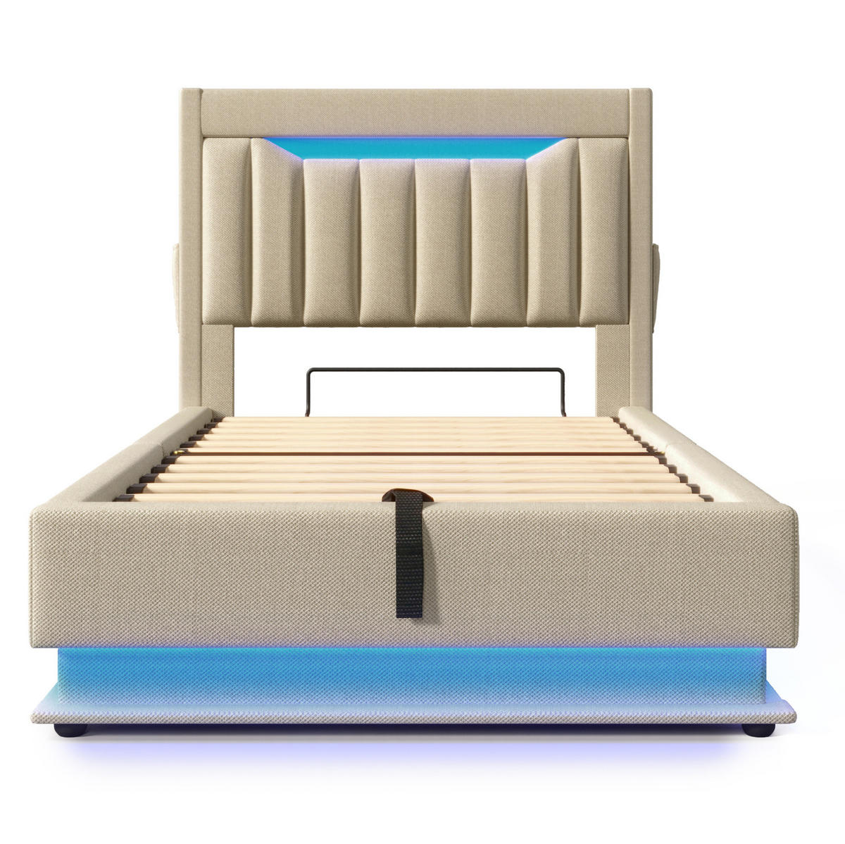 POLSTERBETT 90/200 cm Beige aus Leinen mit Stauraum, LED und USB- sowie Type-C-Anschlüssen - Beige, Textil (90/200cm) - Flora Grace
