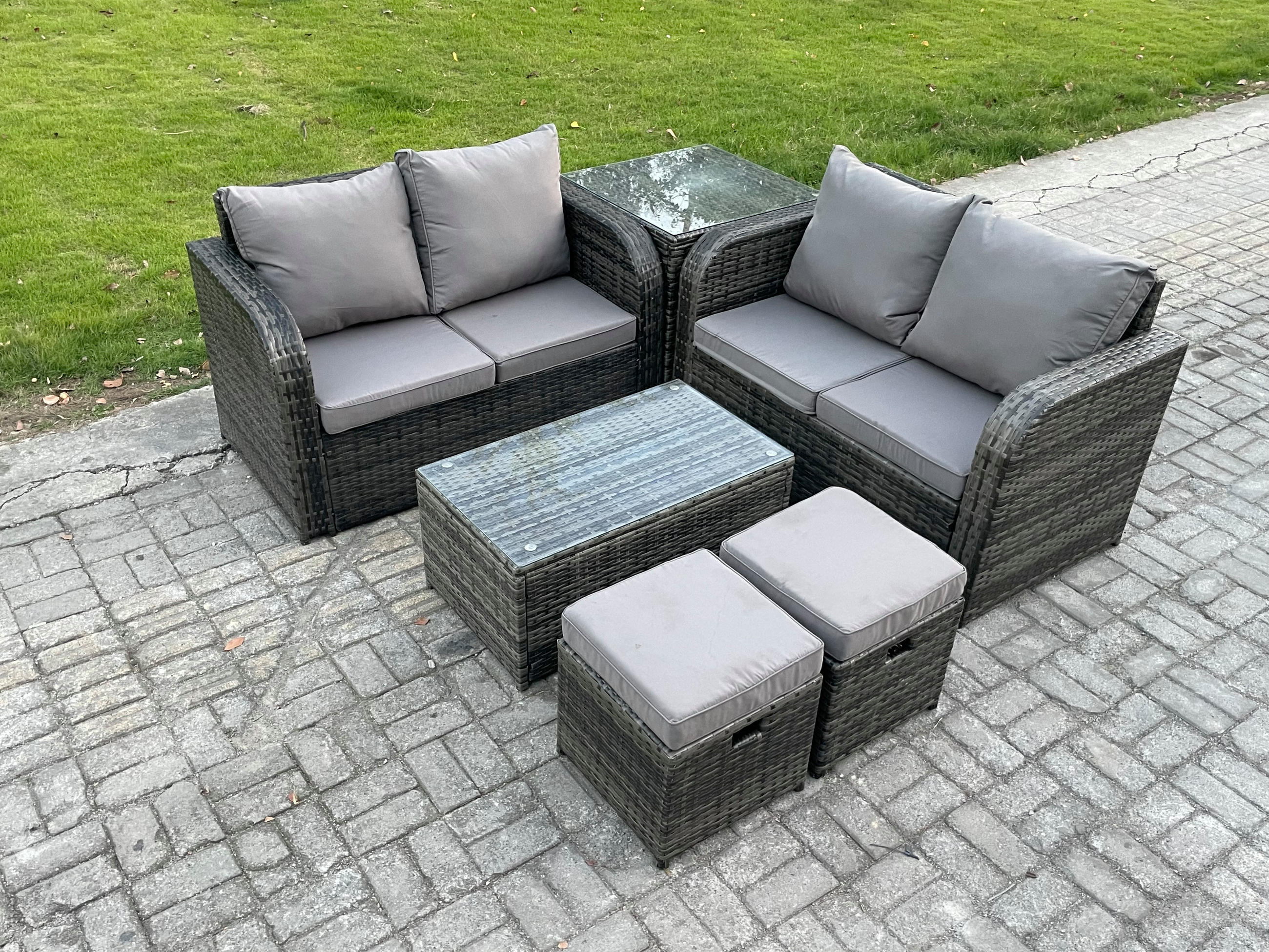 GARTENLOUNGE-SET Polyrattan Dunkelgrau 6-Sitzer - Dunkelgrau, Metall - Fimous
