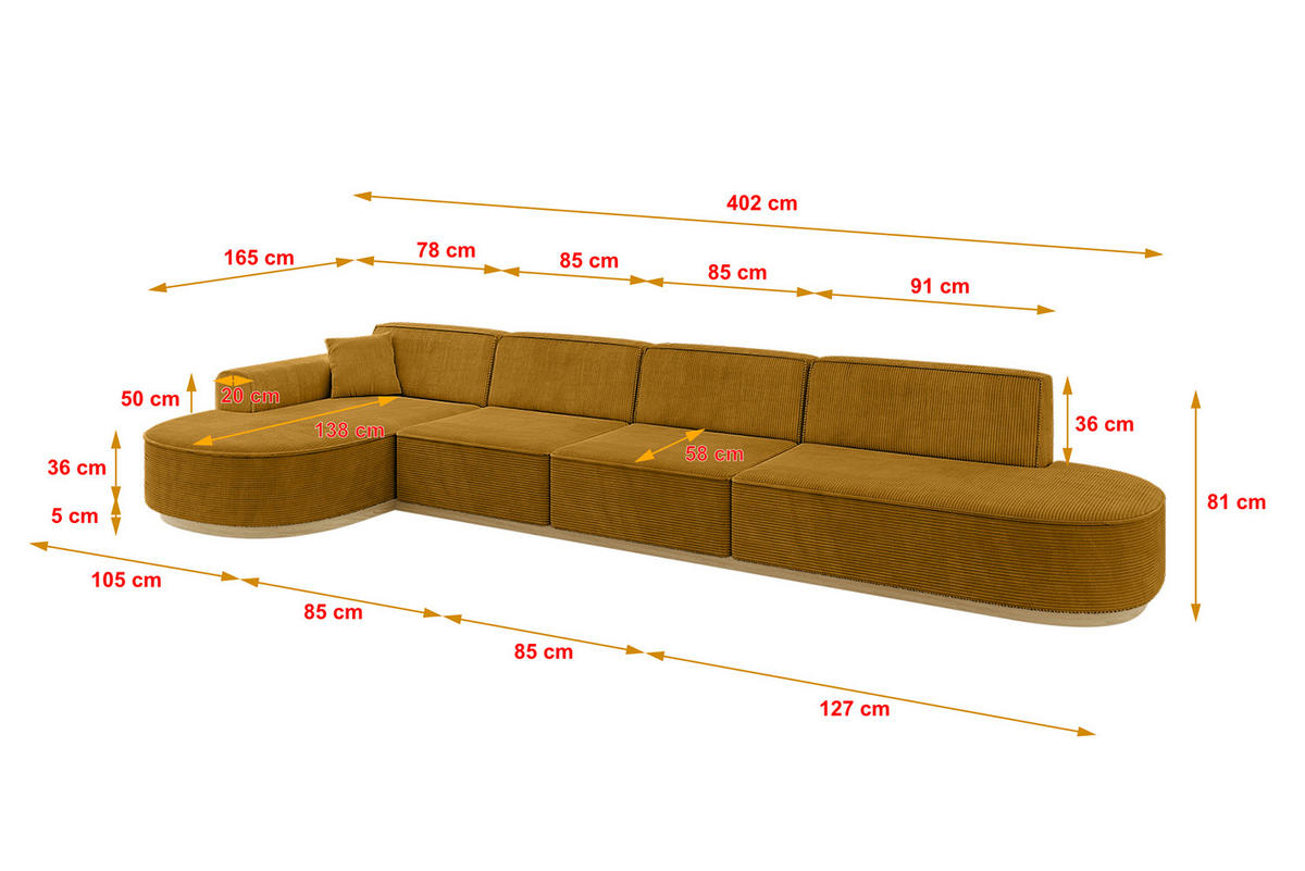 ECKSOFA Ottomane Links MARI-L3-v2 - 413x171x83 cm Senfgelb Cord - Gelb, Holzwerkstoff/Textil (413/171cm) - ALTDECOR