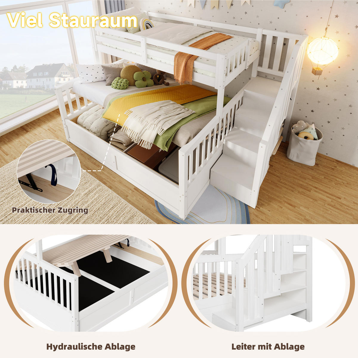 HAUSBETT 90/200 cm + 140/200 cm mit Stauraum und Treppe in Weiß - Weiß, Holz (90/200cm) - BEAOK