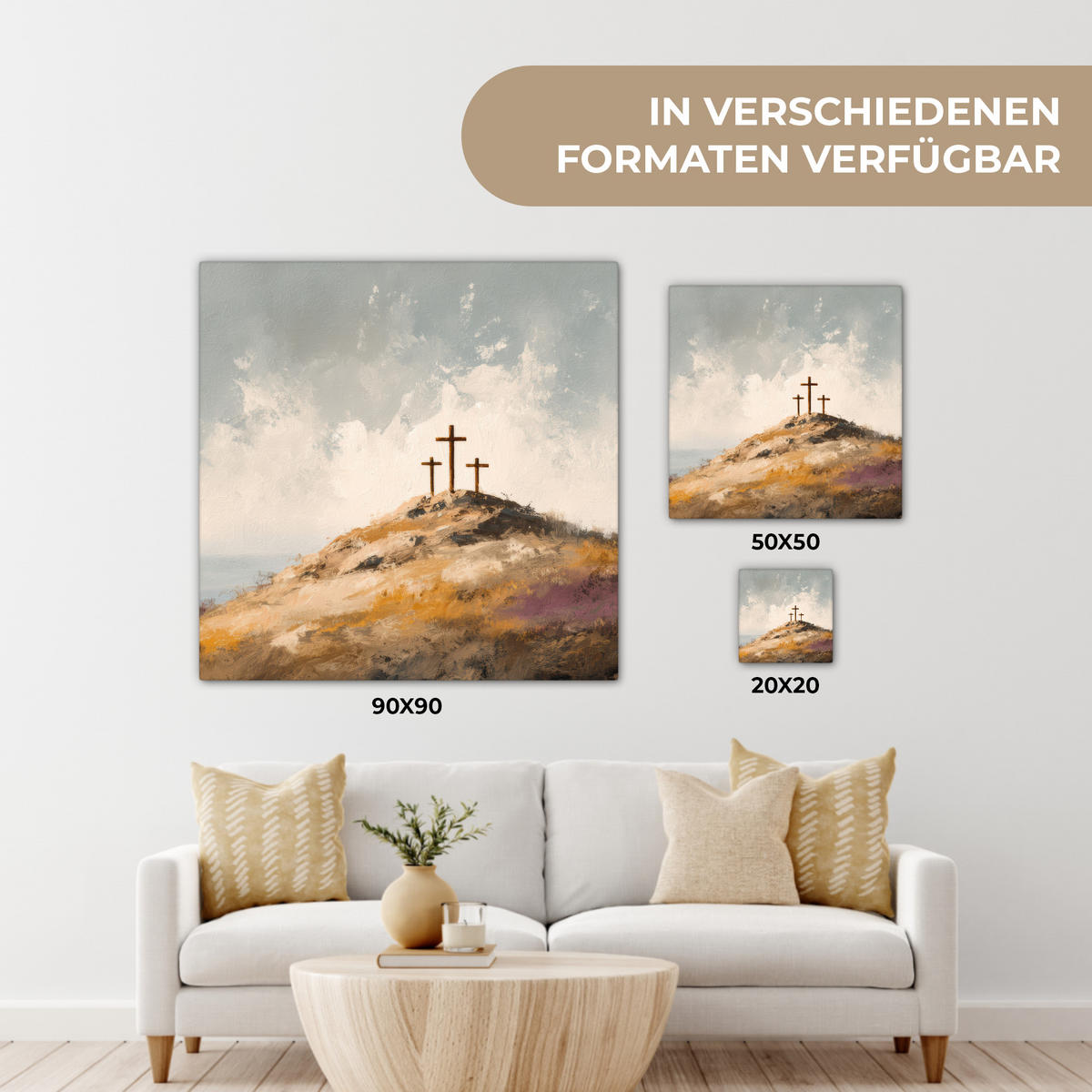 LEINWANDBILD Hügel - Abstrakt - Christentum - Kreuz Deko Wohnzimmer 20x20 cm - Hellgrau, Textil (20/20cm) - MuchoWow