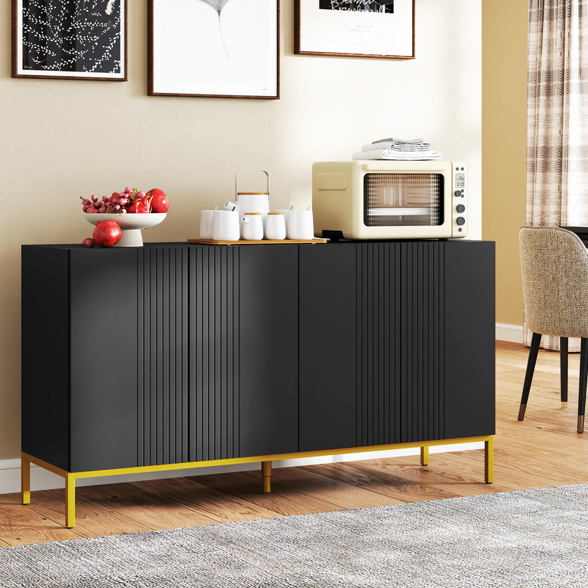 SIDEBOARD Schwarz und Goldfarben, 4 Türen, 140/40/75 cm - Schwarz, Holz (140/75/40cm) - PANGIVO