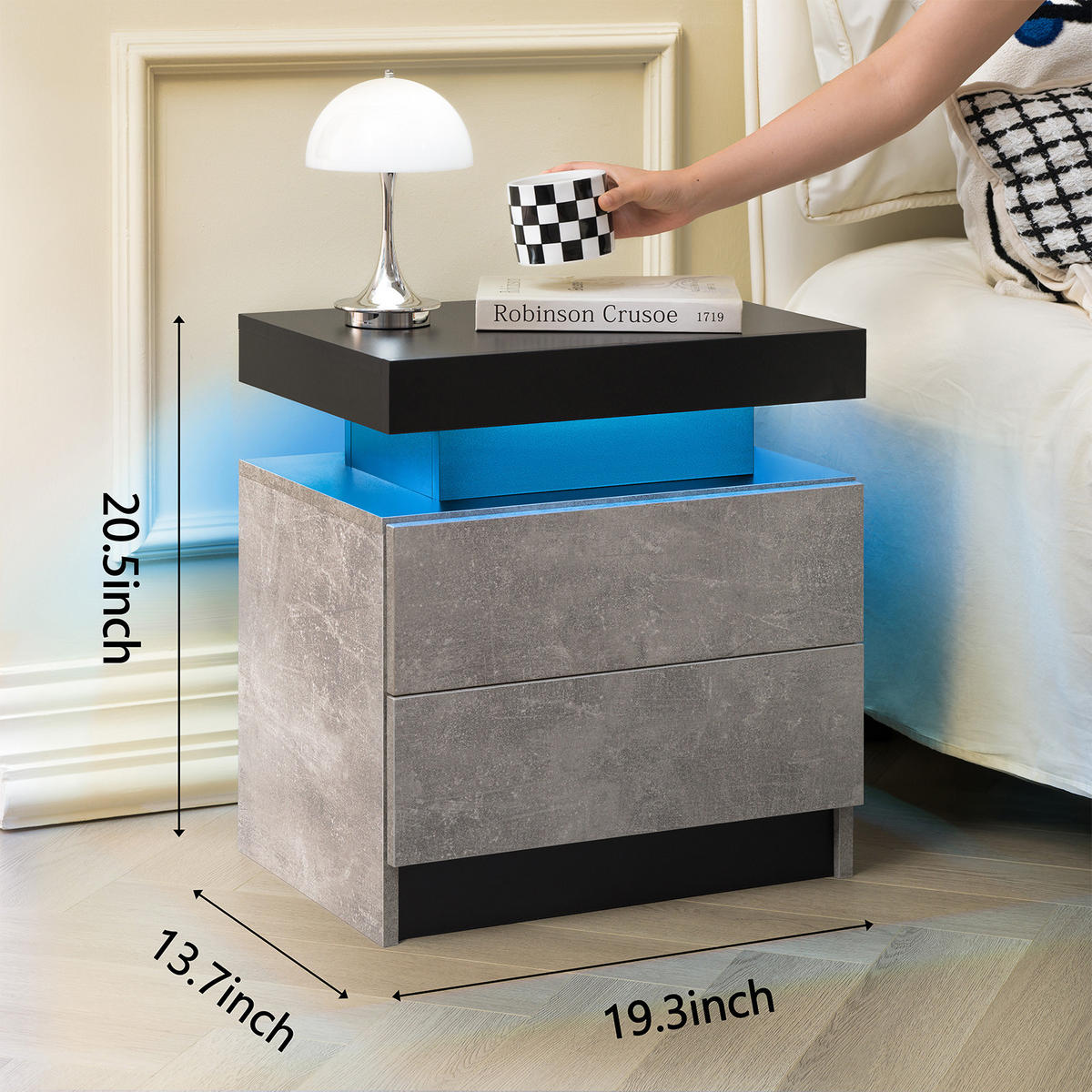 NACHTTISCH 50/53/36 cm grau aus Holzwerkstoff mit LED-Beleuchtung und 2 Schubladen - Grau, Holzwerkstoff (53/36/50cm) - OKWISH