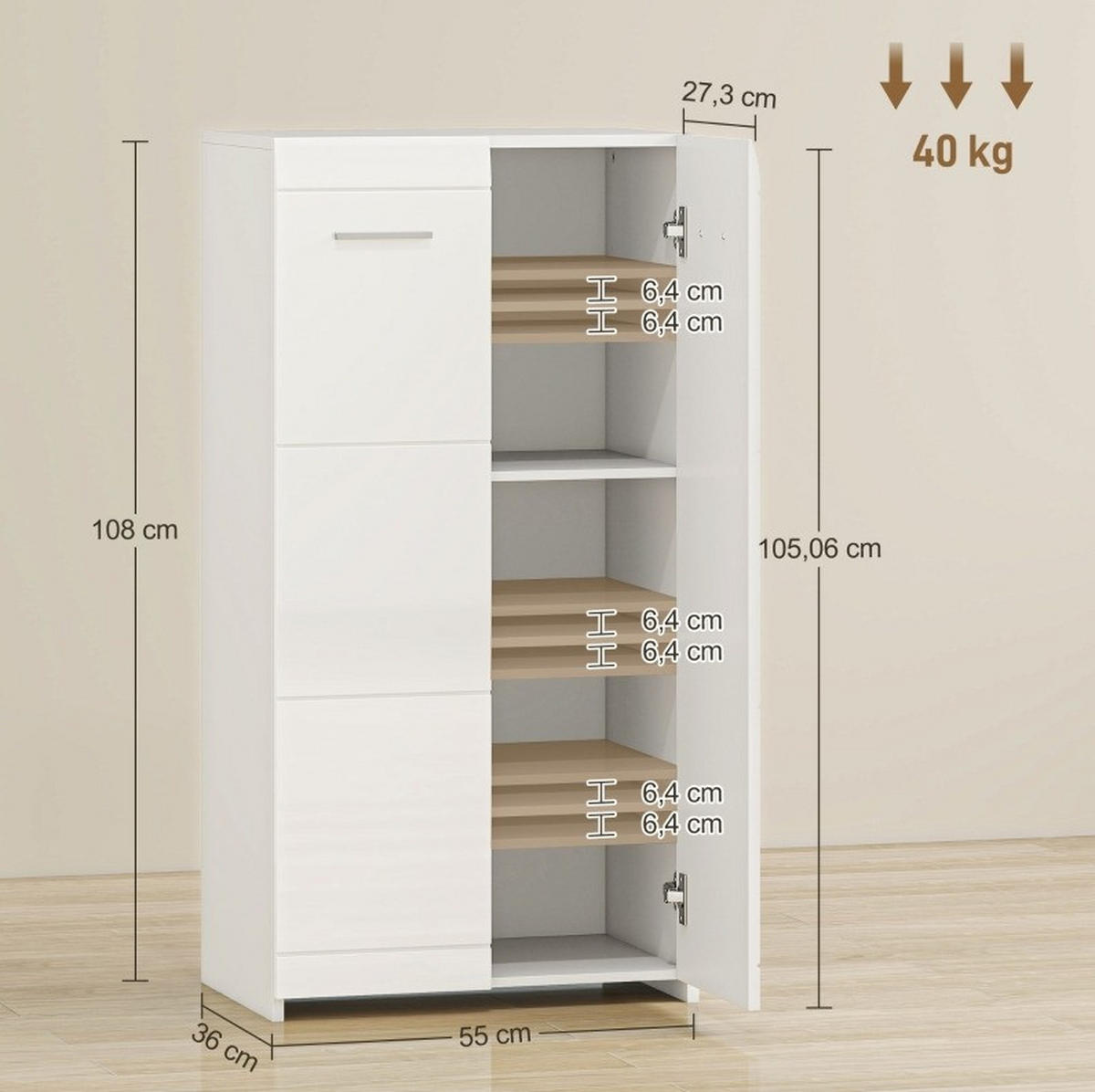 SCHUHSCHRANK 55/36/108 cm Weiß aus Holz mit verstellbaren Regalen - Weiß, Holz (55/108/36cm) - OKWISH