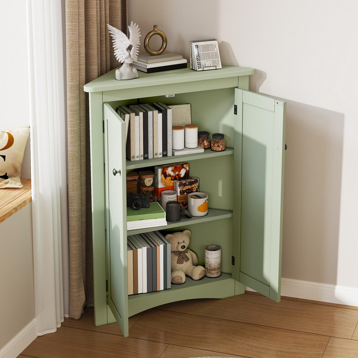 ECKSCHRANK 61.5x34.5x90cm in Grün mit 2 Einlegeböden, Kippschutz & Dreieckdesign - Grün, Holzwerkstoff (34.5/90/61.5cm) - Modfu